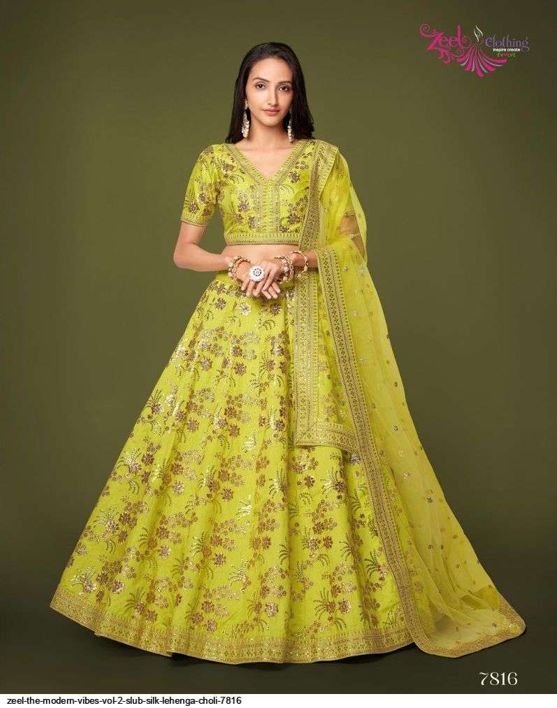 ZEEL THE MODERN VIBES VOL 2 SLUB SILK YELLOW LEHENGA CHOLI 7816 Wholesale catalog