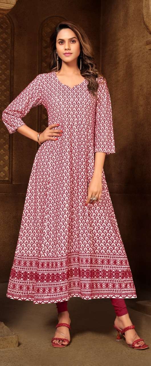 Myrie Flairy Vol 4 Rayon Printed Long Anarkali Kurtis Collection