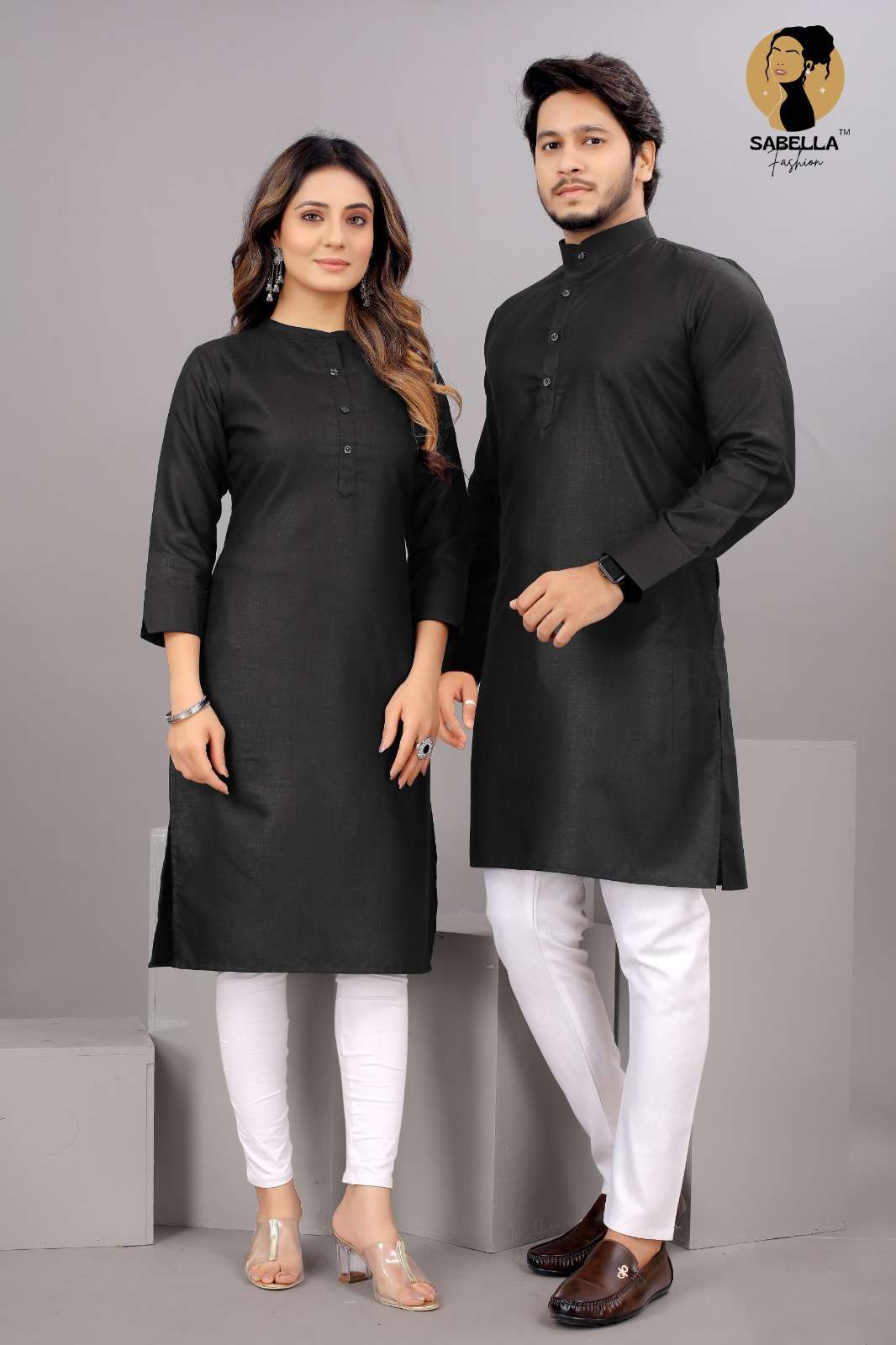 Cotton Couple Kurta set Black color Kurta