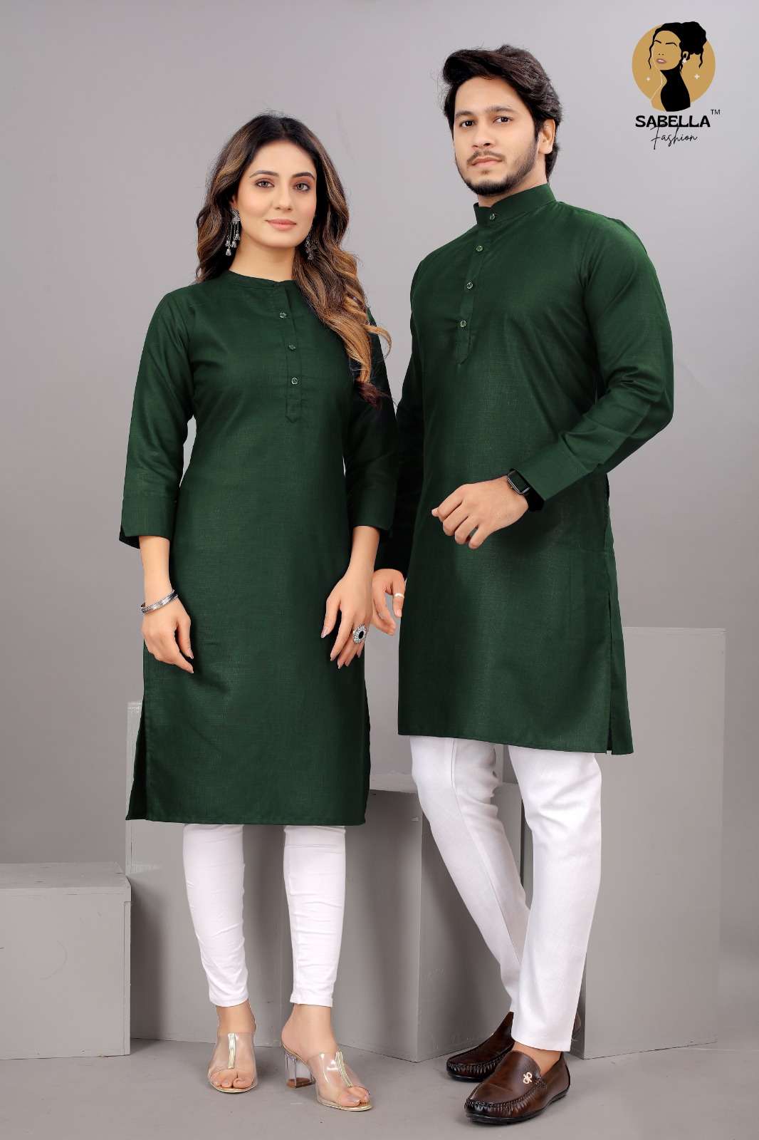 Cotton Couple Kurta set Green color Kurta