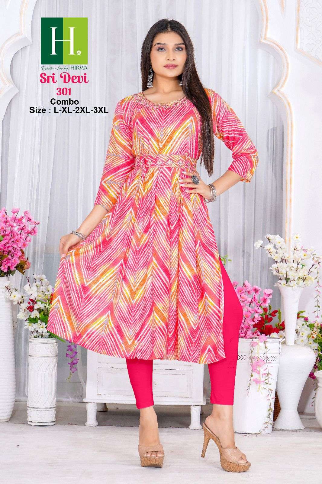 HIRWA SRIDEVI D-301 Heavy RAYON Naira Cut Kurti Wholesale catalog
