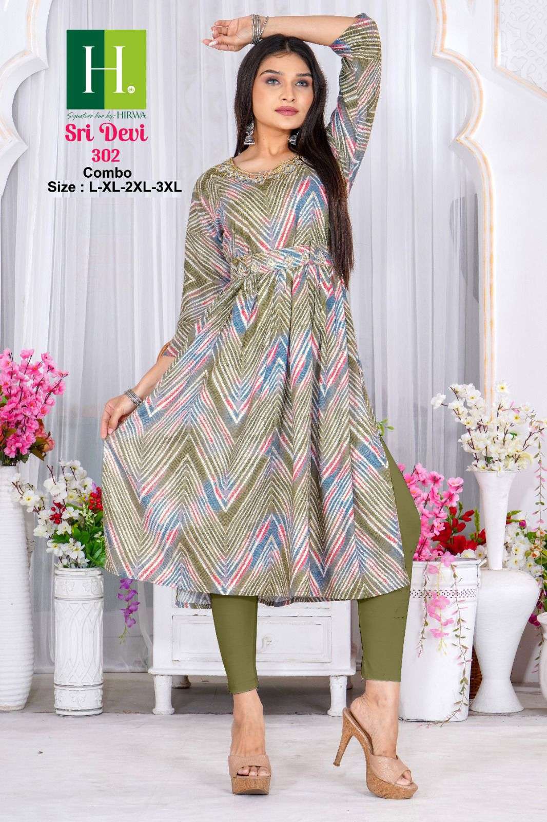 HIRWA SRIDEVI D-302 Heavy RAYON Naira Cut Kurti Wholesale catalog