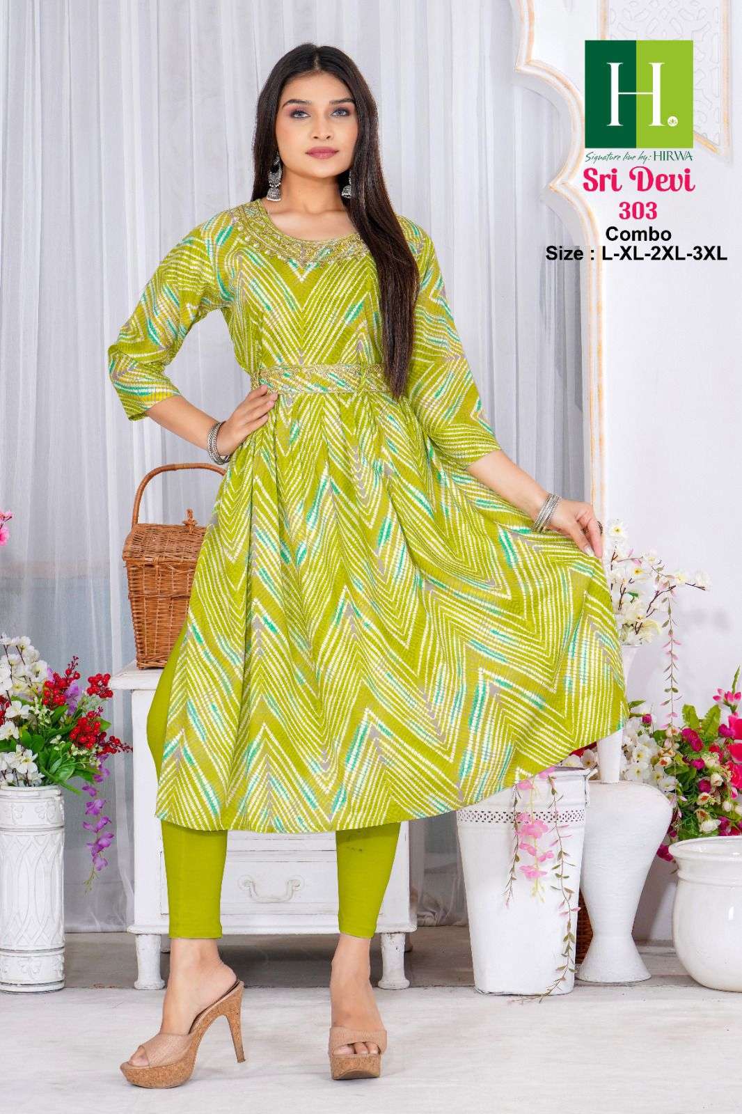 HIRWA SRIDEVI D-303 Heavy RAYON Naira Cut Kurti Wholesale catalog