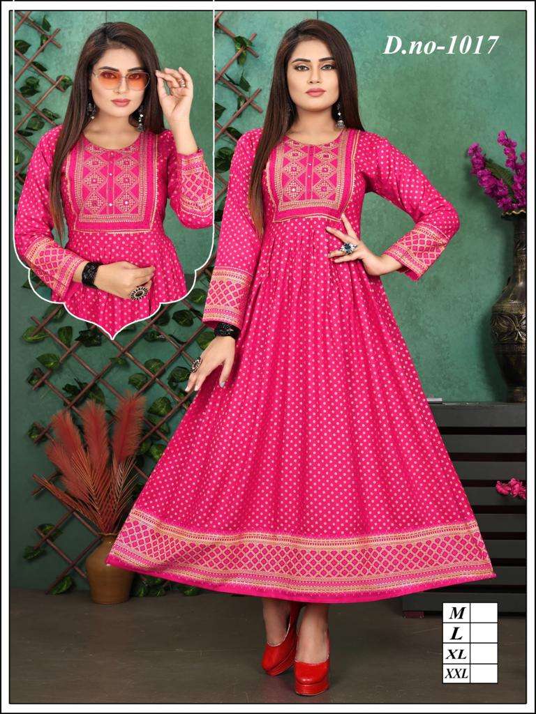 Pink 1017 Rayon Gown Kurti Wholesale catalog