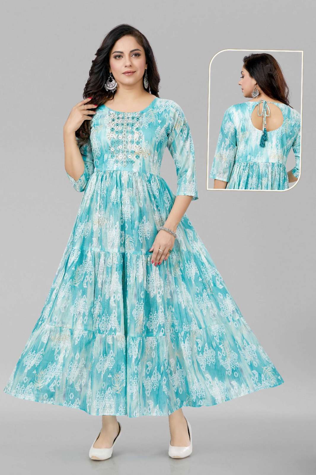 Sky Blue Mal Cotton Gown Kurti Wholesale catalog