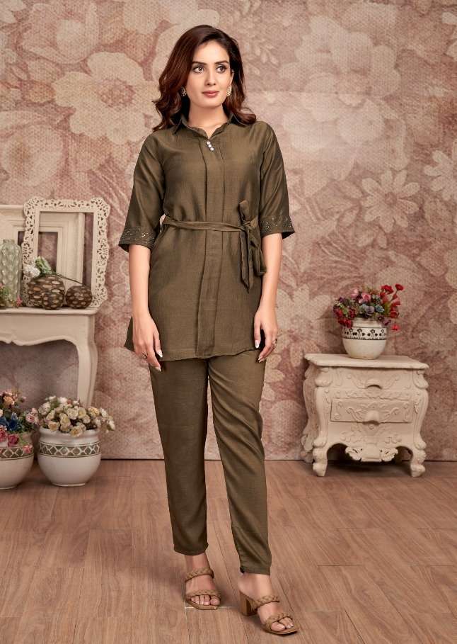 Women's Stylish Stitched Rayon Kurti Pant Set (Beige)