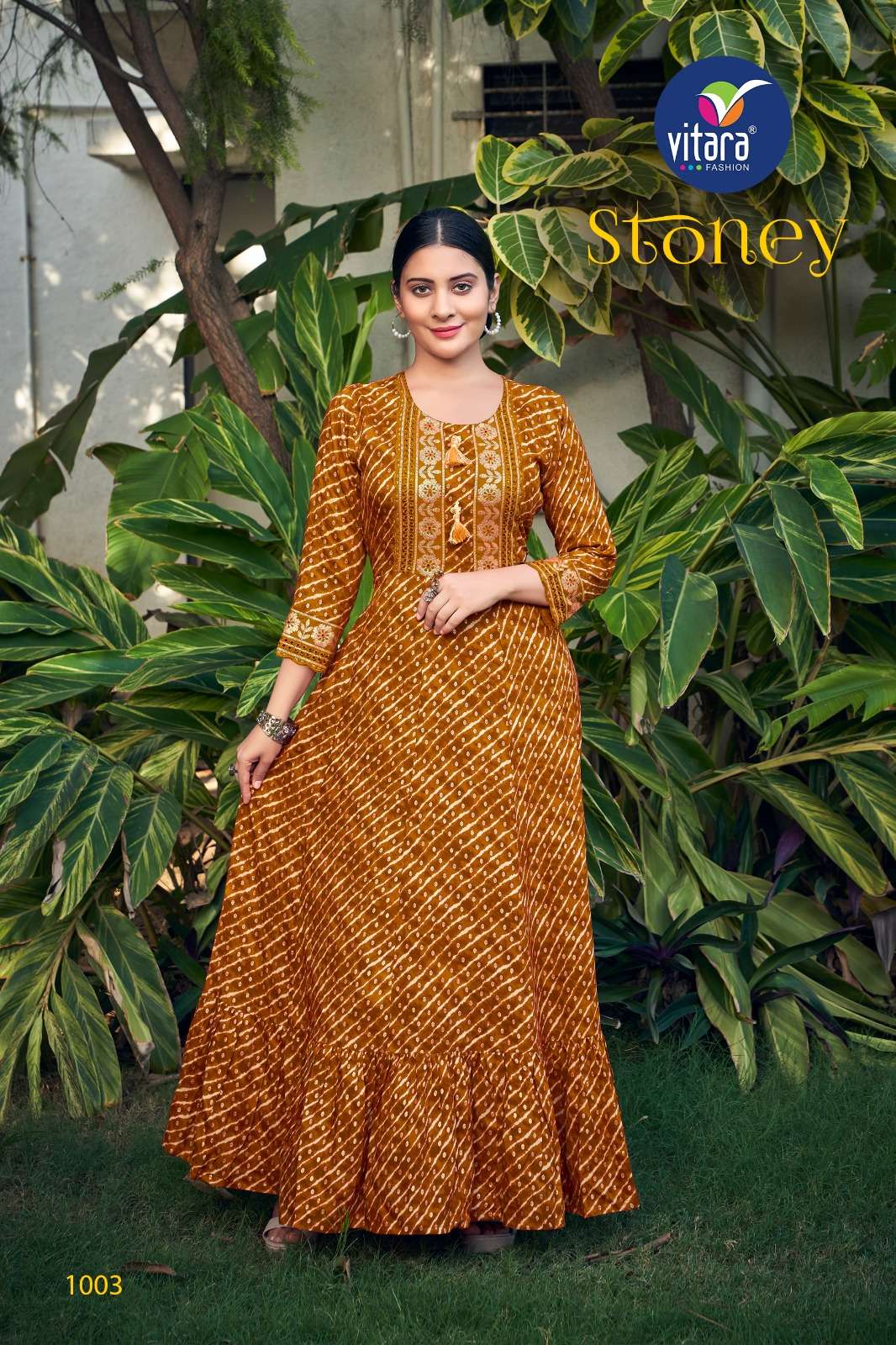 Vitara STONEY vol-1 reyon foil print long gown Kurti Wholesale catalog