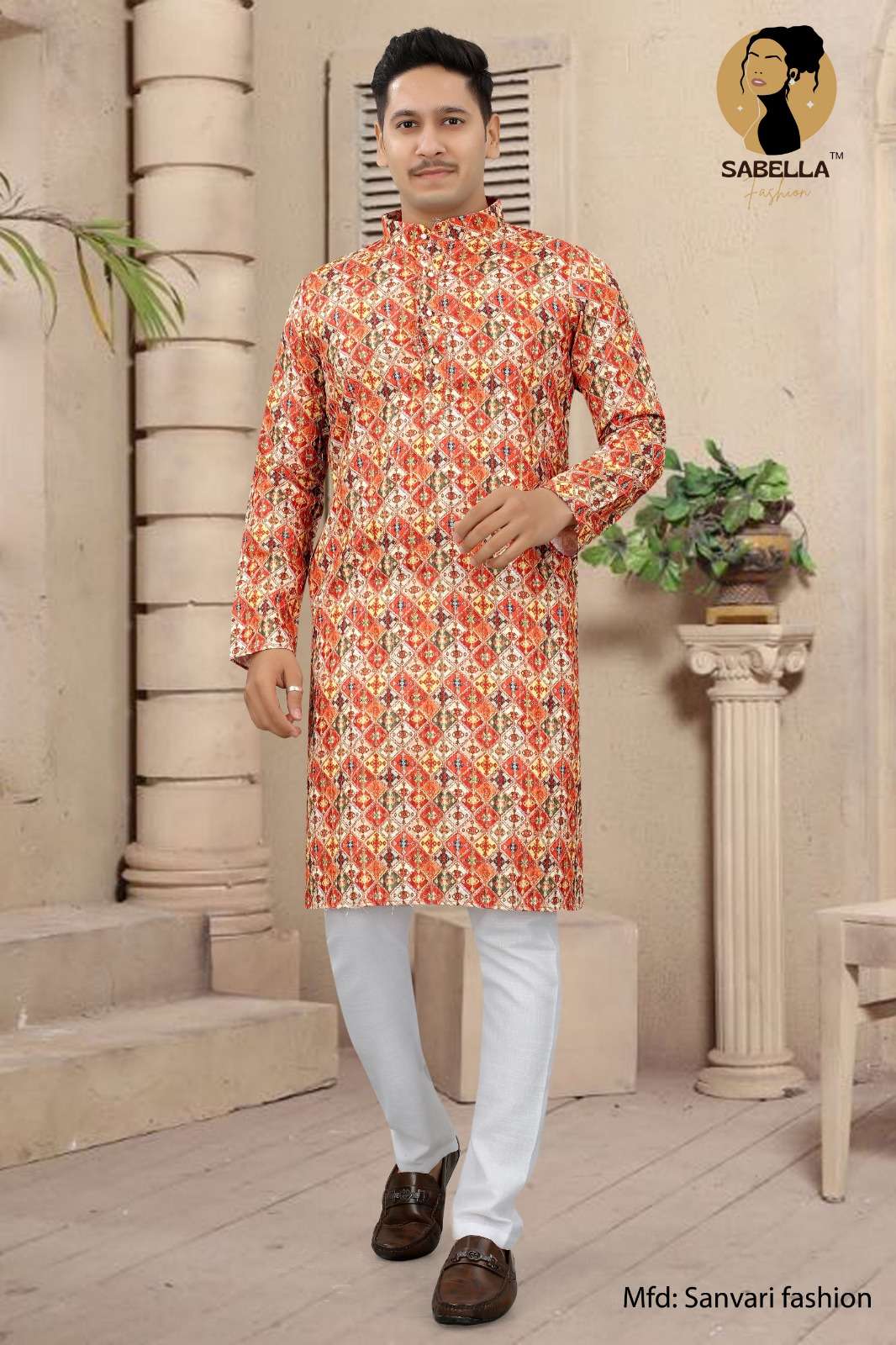 Sabella Orange Print D-101 Croset Sqns Mens Kurta 