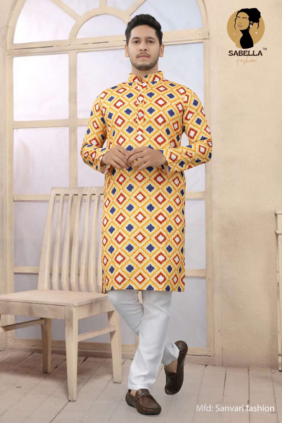 Sabella Orange Print D-103 Croset Sqns Mens Kurta