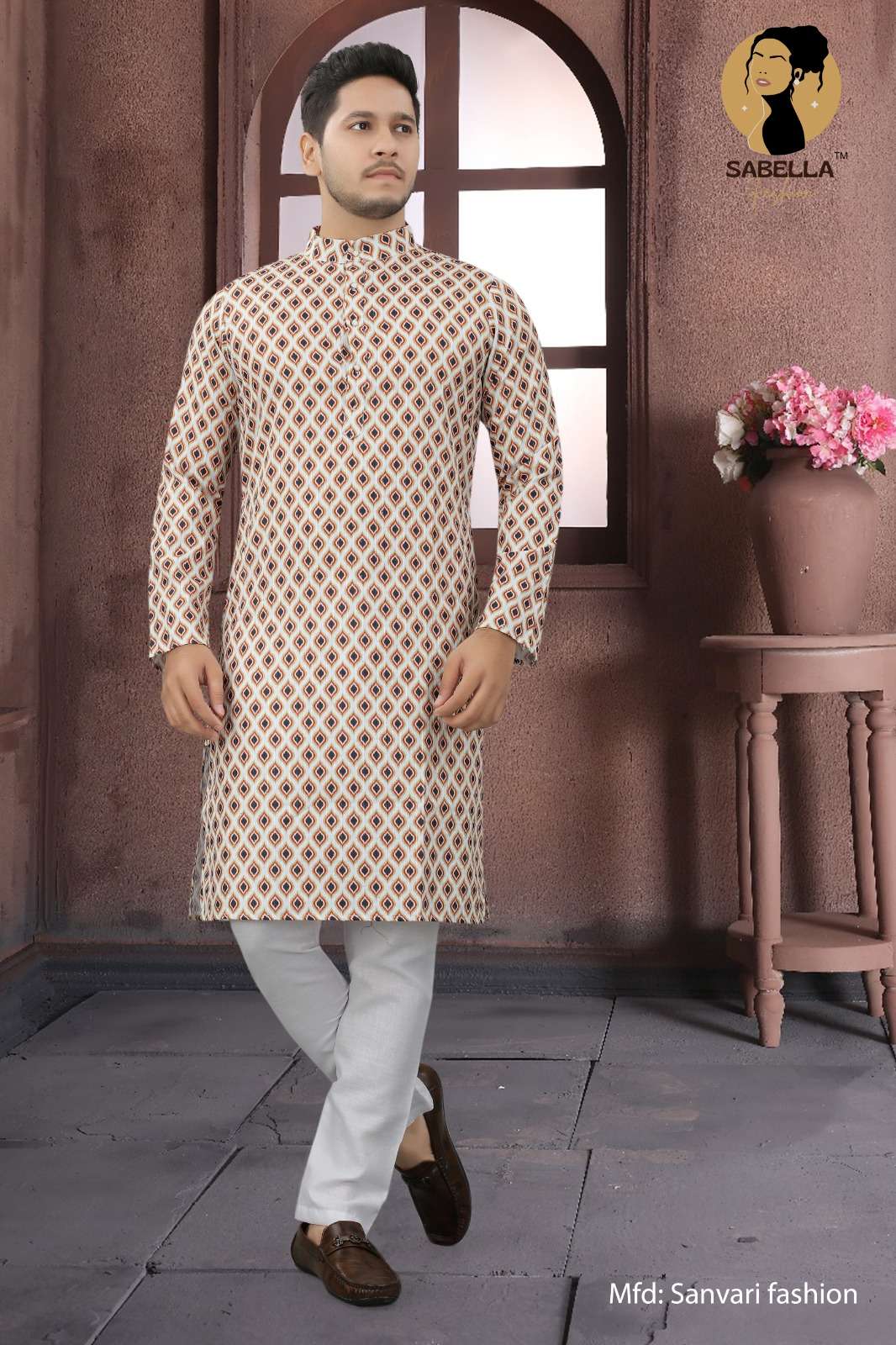 Sabella Orange Print D-104 Croset Sqns Mens Kurta