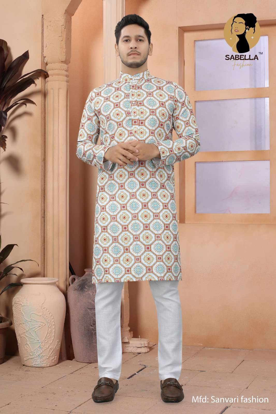 Sabella Orange Print D-105 Croset Sqns Mens Kurta