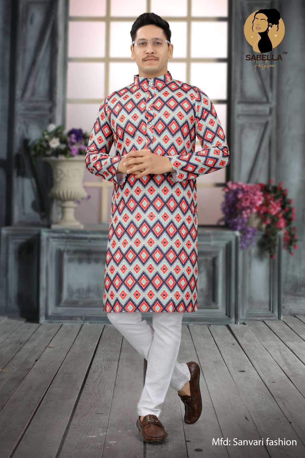 Sabella Orange Print D-106 Croset Sqns Mens Kurta