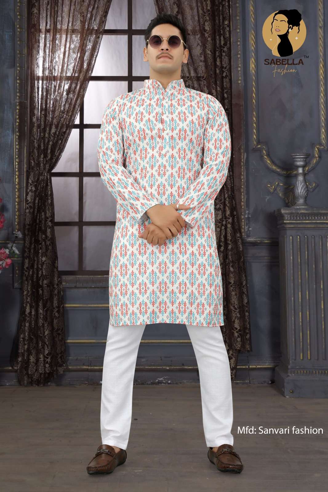 Sabella Orange Print D-108 Croset Sqns Mens Kurta
