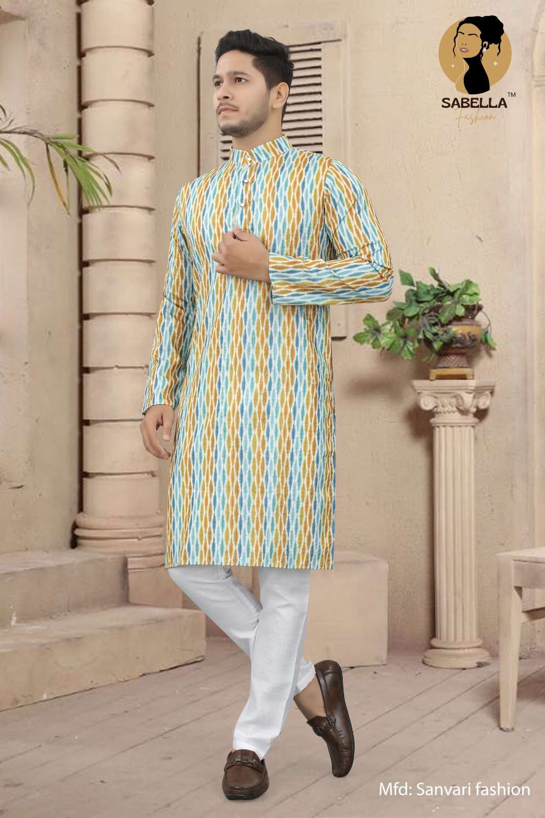 Sabella Orange Print D-109 Croset Sqns Mens Kurta