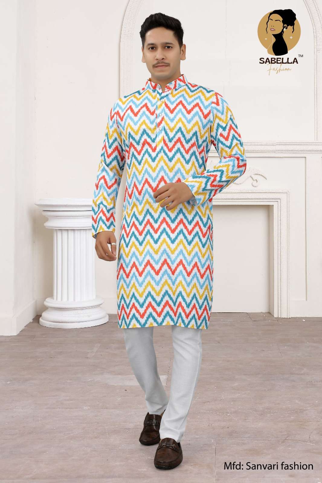 Sabella Orange Print D-110 Croset Sqns Mens Kurta