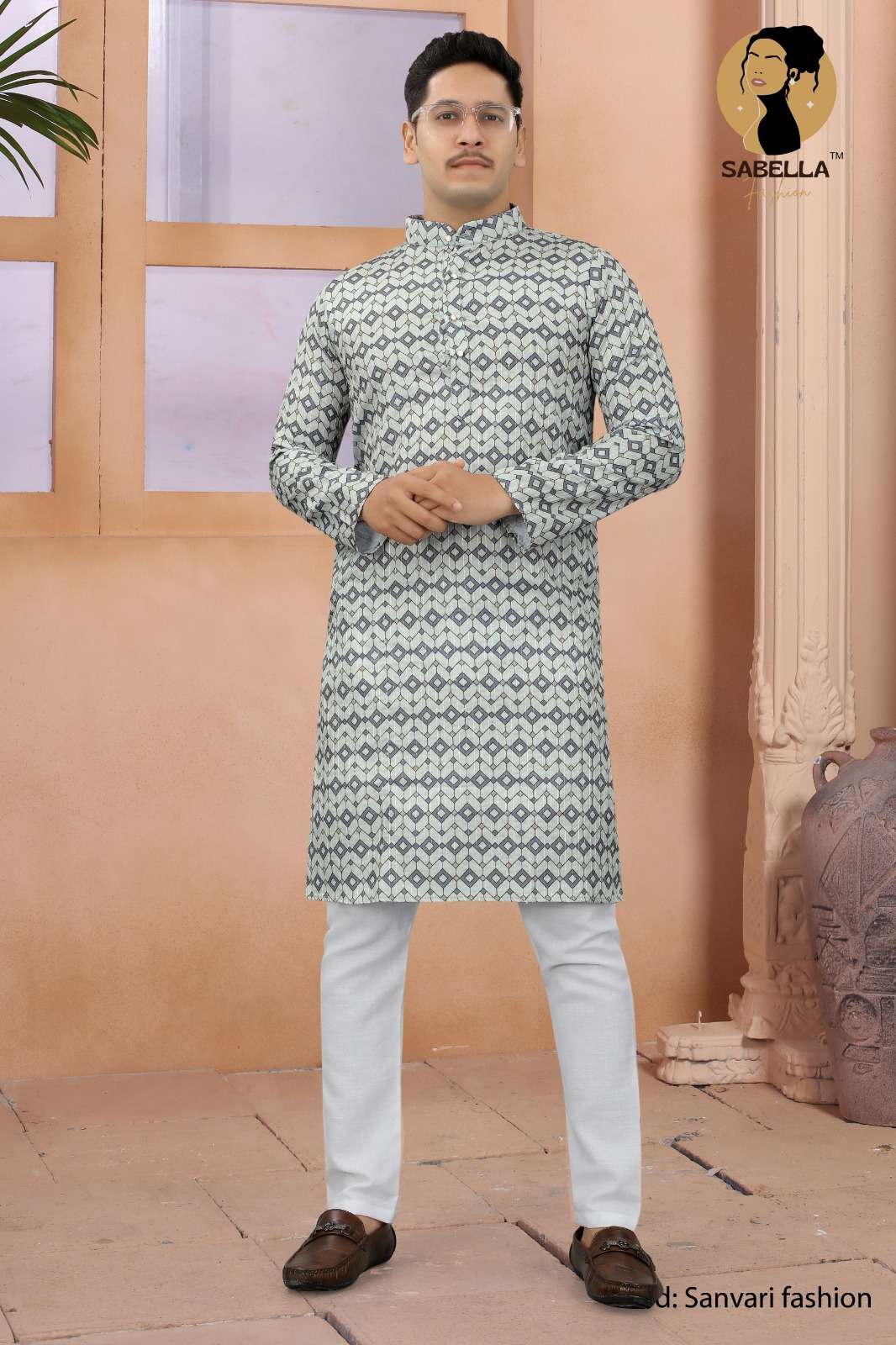 Sabella Orange Print D-111 Croset Sqns Mens Kurta