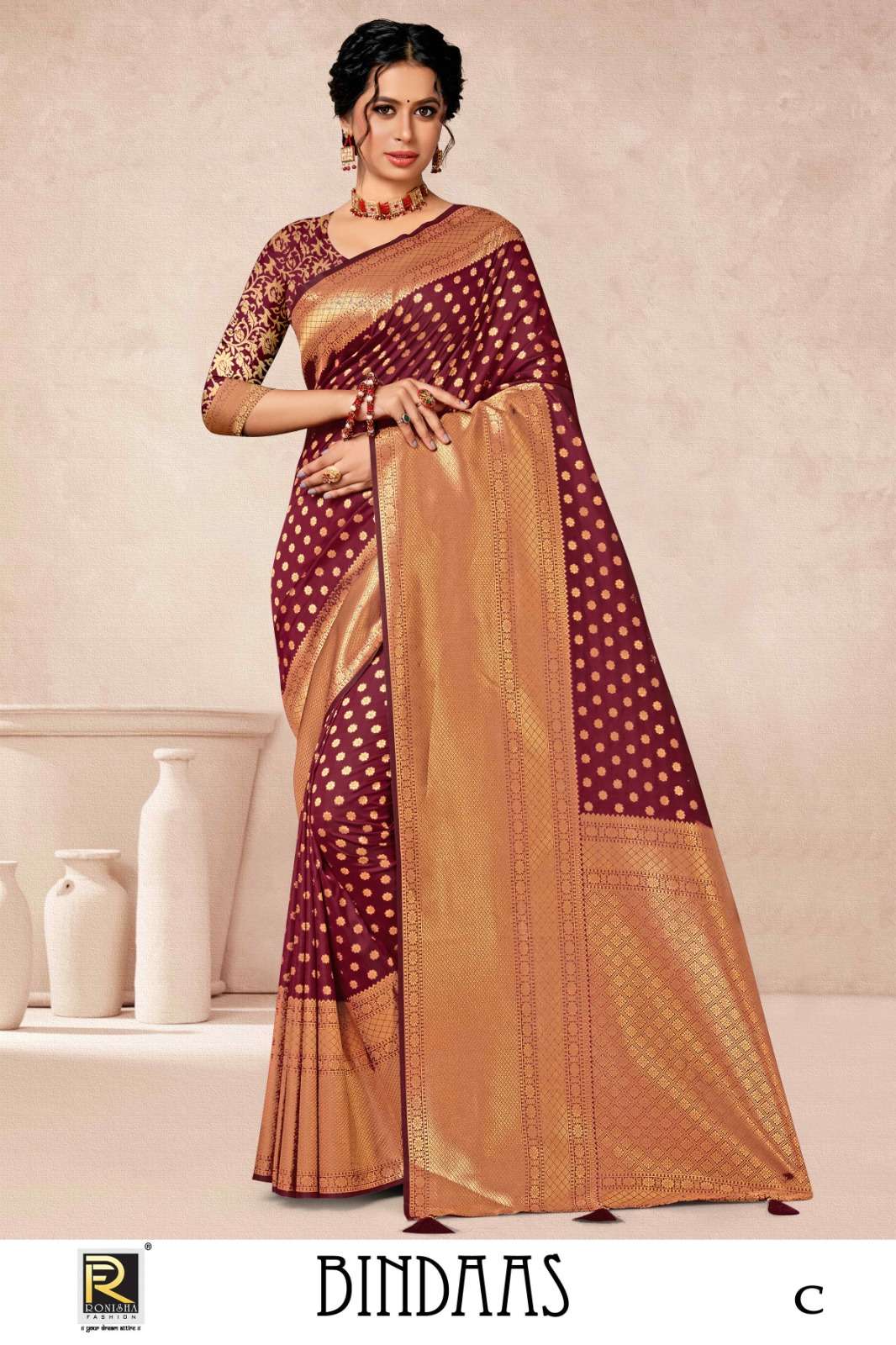 BINDAAS  BY RONISHA SAREE FABRICS BANARASI SILK 50*600 PREMIUM FANCY DESIGNER SUPER HIT COLLECTION 