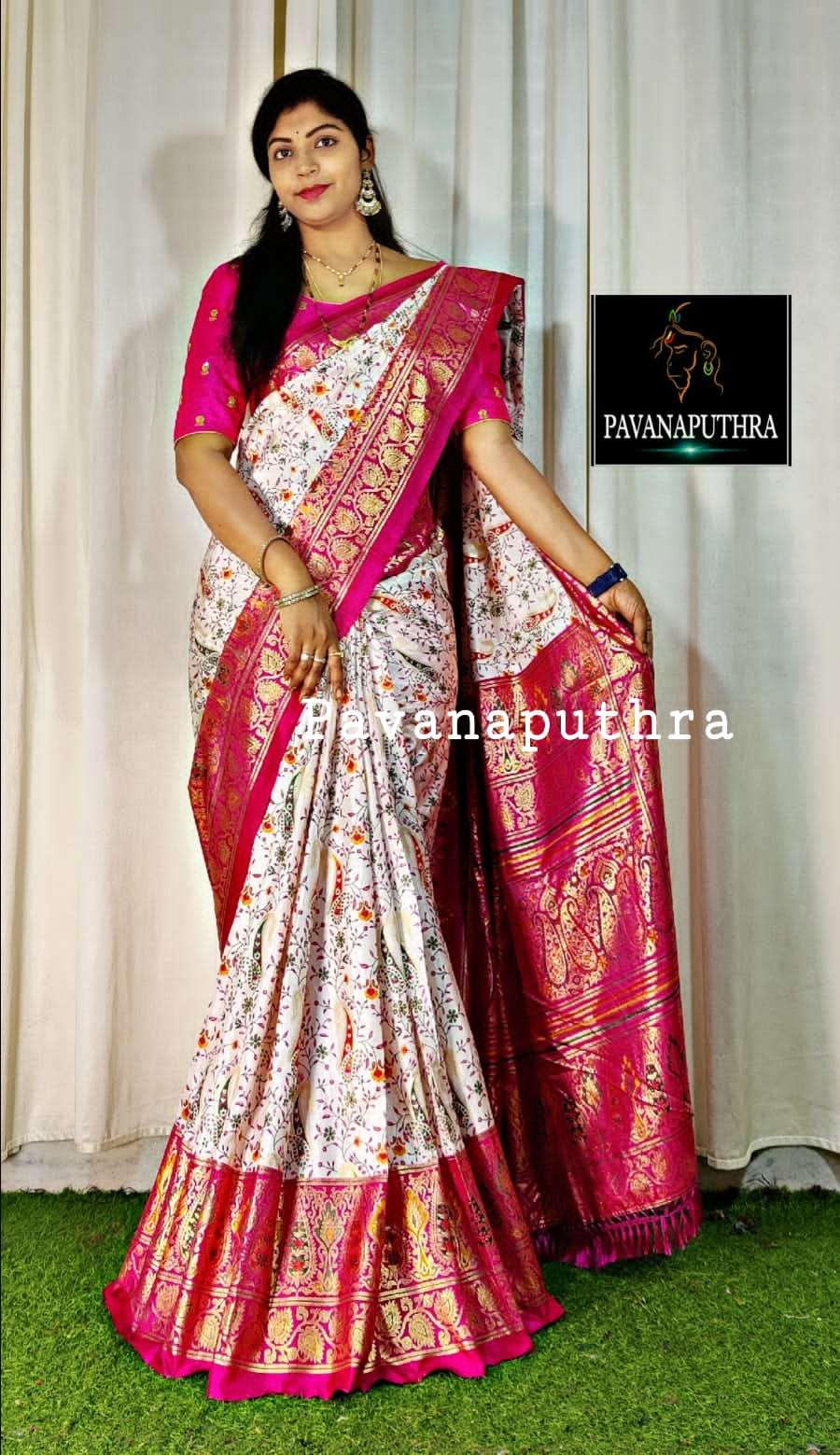 GOLD ZARI WOVEN BRASSO BEIGE WHITE DIGITAL PRINT SAREE – SHANGRILA DESIGNER