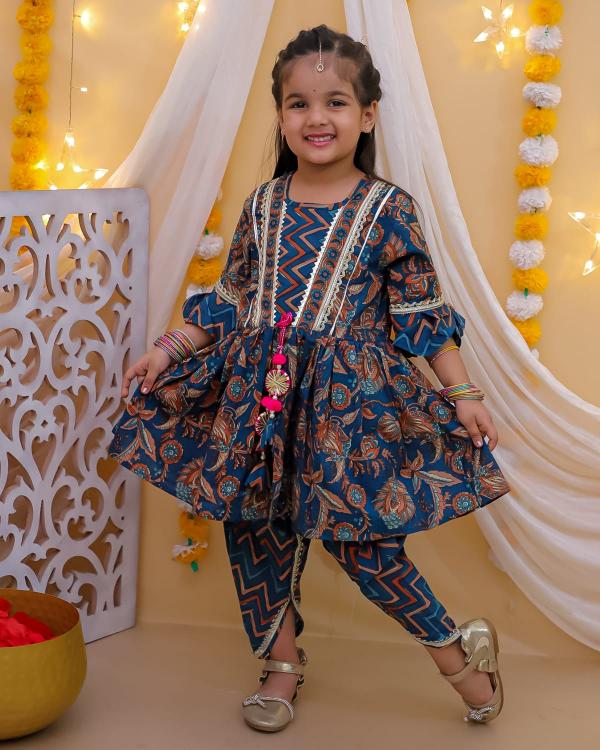 knee length dresses for ladies Blue Dhoti Style Dress For Girls – Lagorii Kids