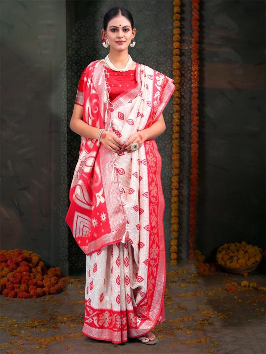 Dazira Devistuti catalog buy white and red border linen cotton saree surat