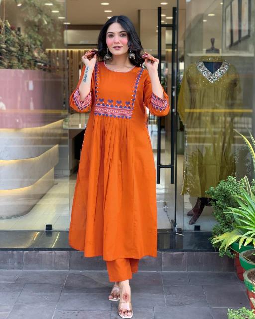 Felocity cotton slub catalog indian orange kurti pants