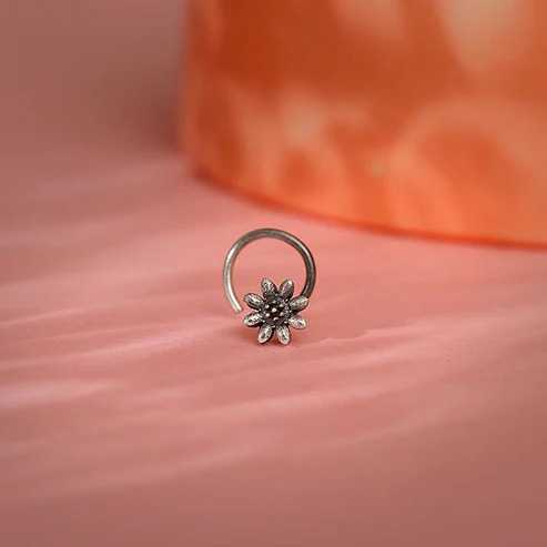 Nitya Oxidised Silver Flower Blossom Nose Pin