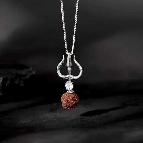 Nitya Silver Trishul And Rudraksha Pendant With Box Chain for Him