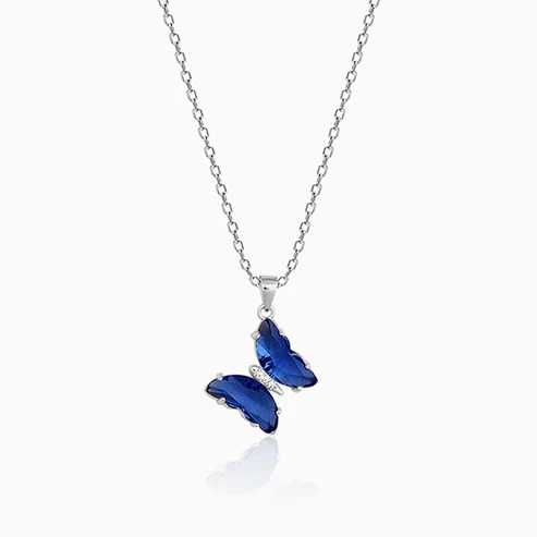 Nitya Silver Midnight Blue Butterfly Pendant With Link Chain
