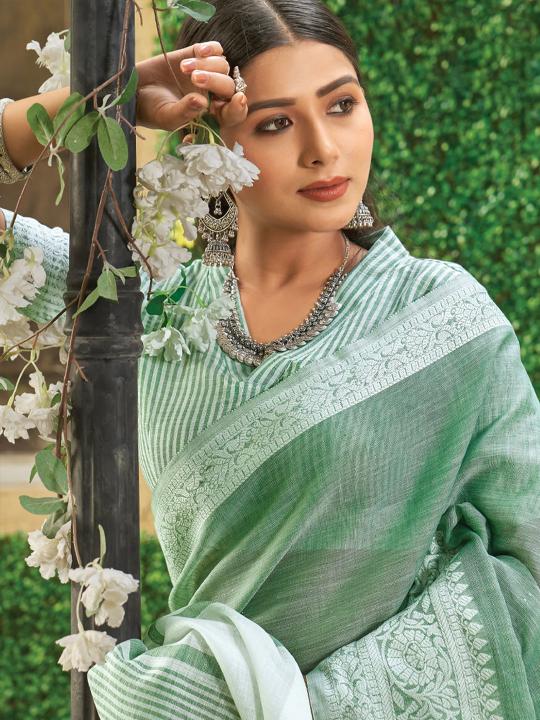 Vaibhav by astita fancy designer linen fabric saree with Lakhnavi Bordar wholesale saree with latkan 