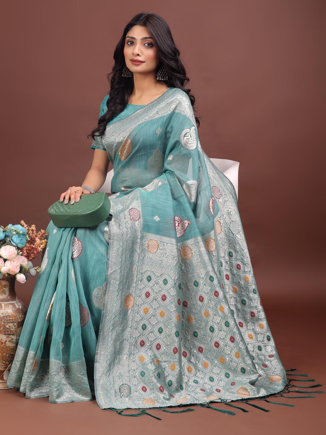 BULBUL by SHREE SHYAM FASHION fancy designer LINEN COTTON  fabric saree wholesale with Fancy latkan