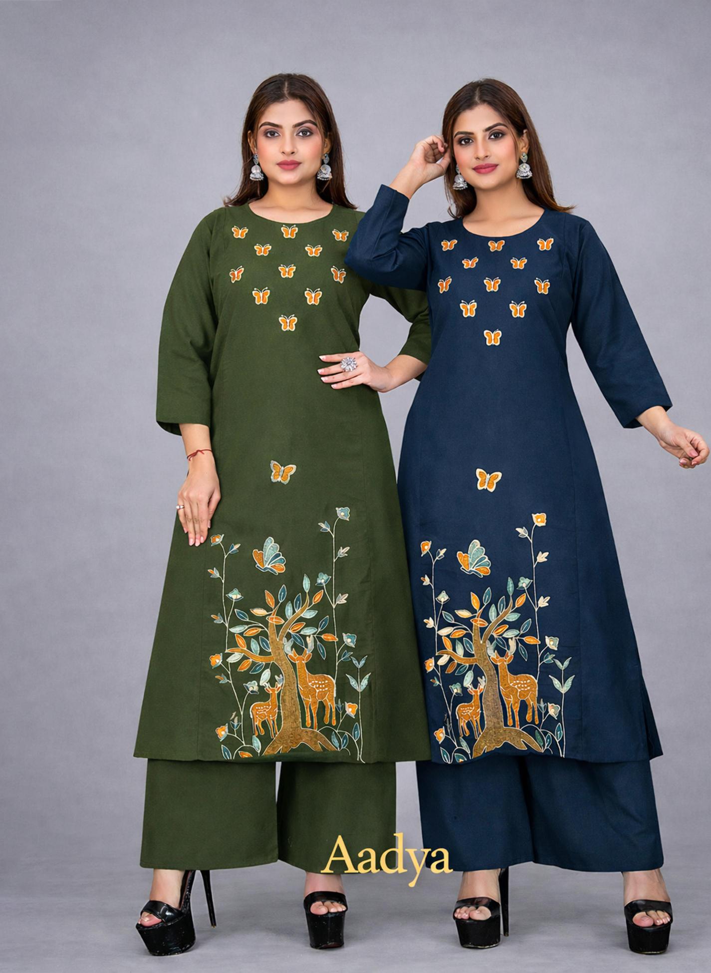 Surili - Aadya Flax Cotton Embroidery Kurta Palazzo Pant Set Traditional