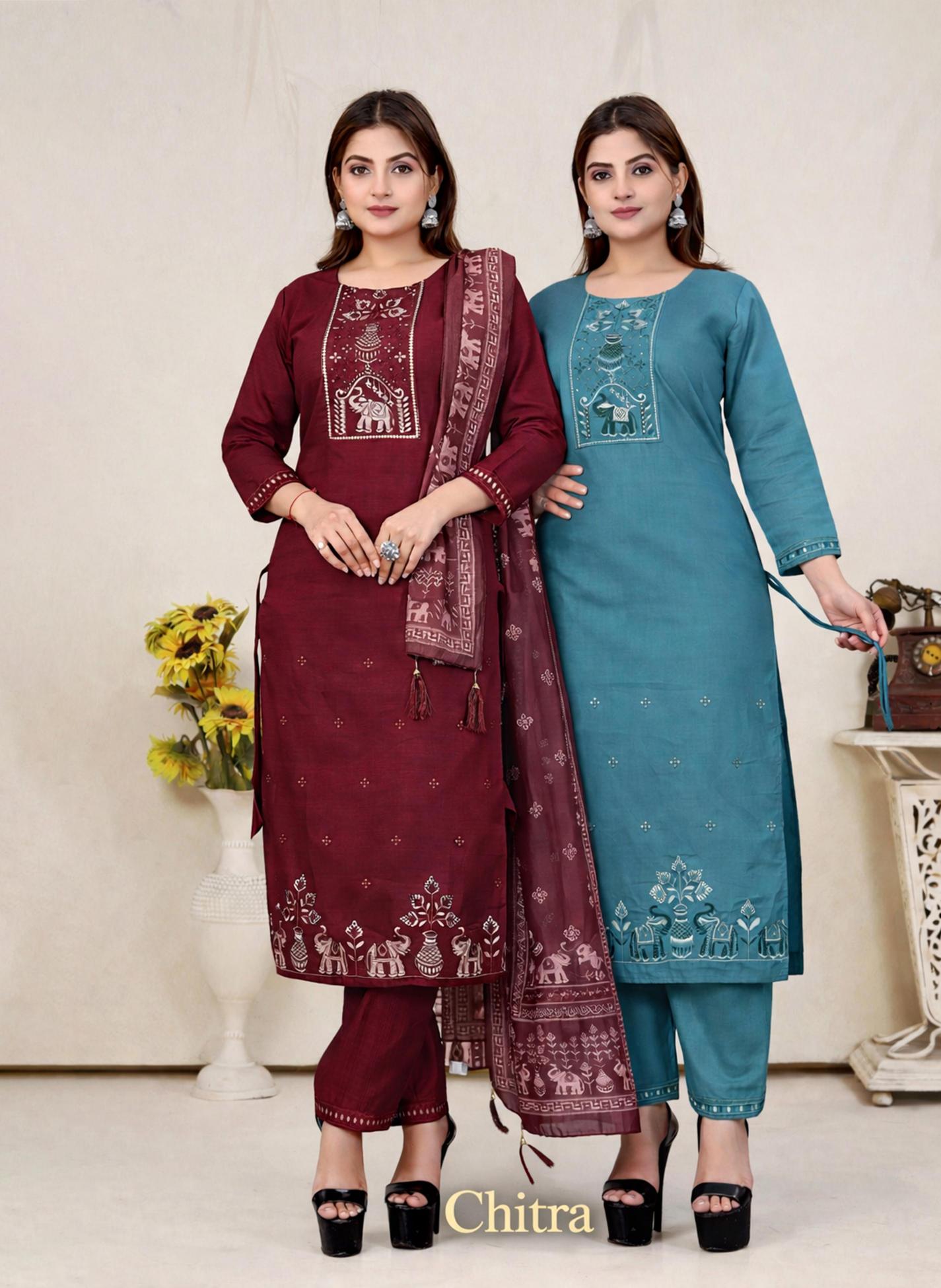 Surili - Chitra Vatican Cotton Embroidery Kurta Pant & Dupatta Set Traditional