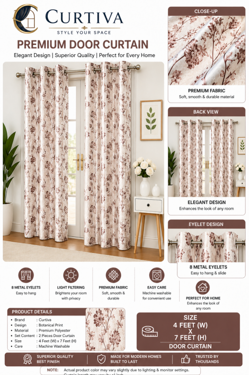 Curtiva Premium Door Curtain 4x7 Feet | Floral Polyester Eyelet Curtains for Living Room, Bedroom & Home Décor