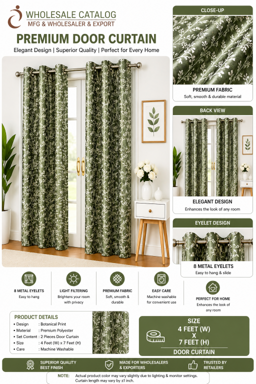 Premium Door Curtain 4x7 Feet | Botanical Print Polyester Curtain | Eyelet Design for Home