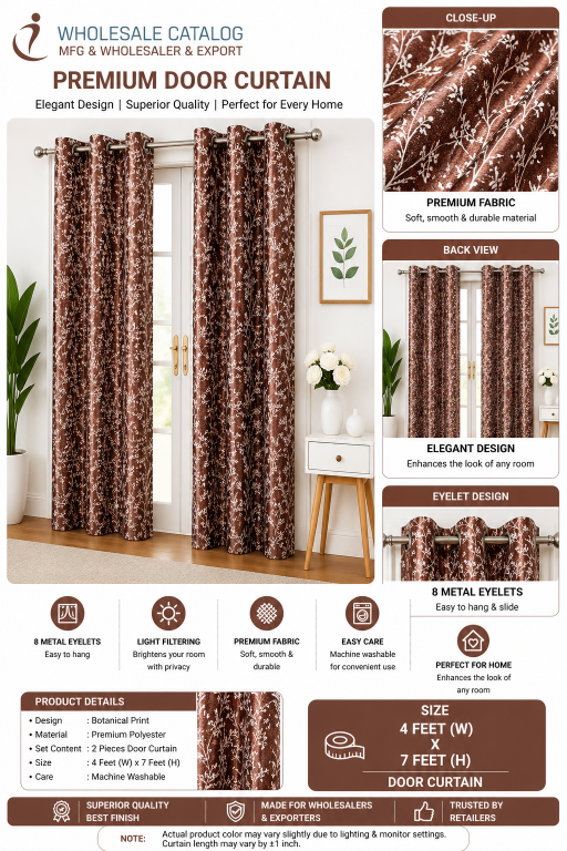Premium Door Curtain 4x7 Feet Brown | Botanical Print Polyester Curtain | Eyelet Design for Home Decor