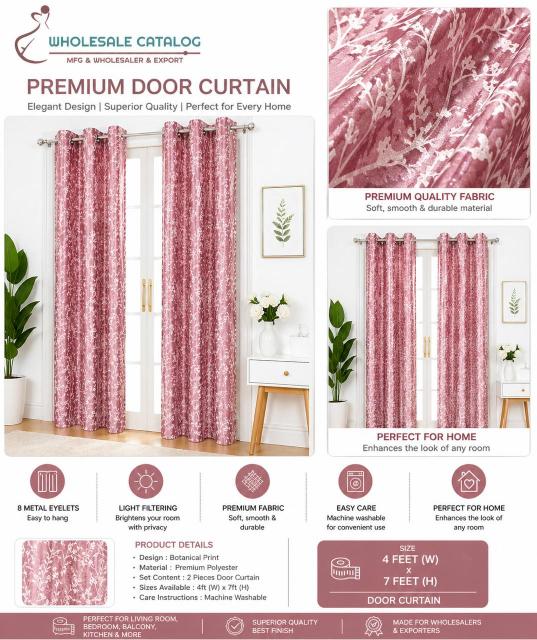 Premium Door Curtain 4x7 Feet Pink | Floral Botanical Print Polyester Curtain | Eyelet Design for Home