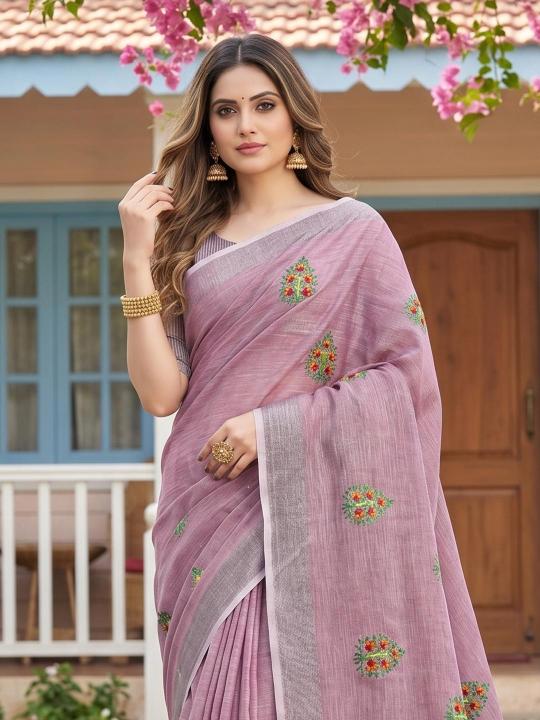 SAMAIRA BY SHREE SHYAM FASHION fancy designer LINEN FABRIC WITH EMBRODARY WORK fabric saree wholesale with Fancy latkan