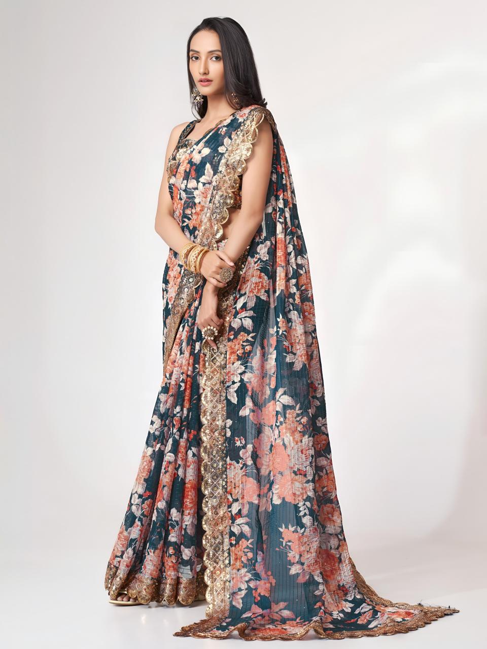 Dazira 1104 Dove Blue catalog organza saree wholesale