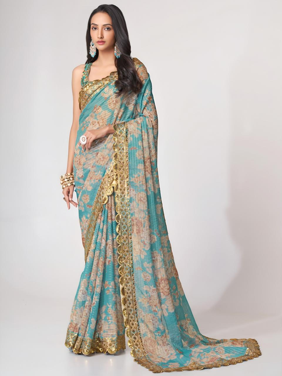 Dazira 1109 Sky Blue catalog organza sarees wholesale