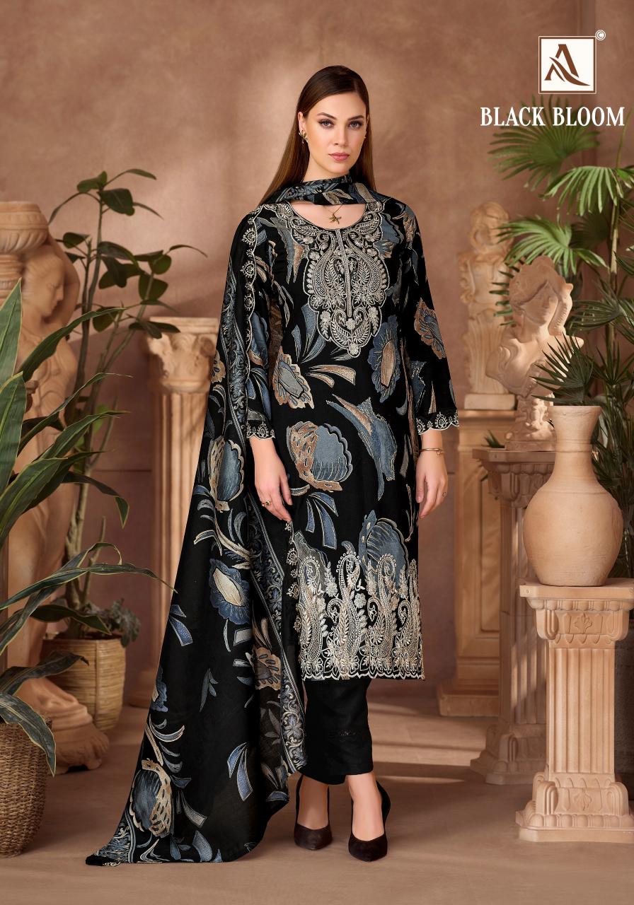 Alok Black Bloom catalog wholesale dress materials from surat mills
