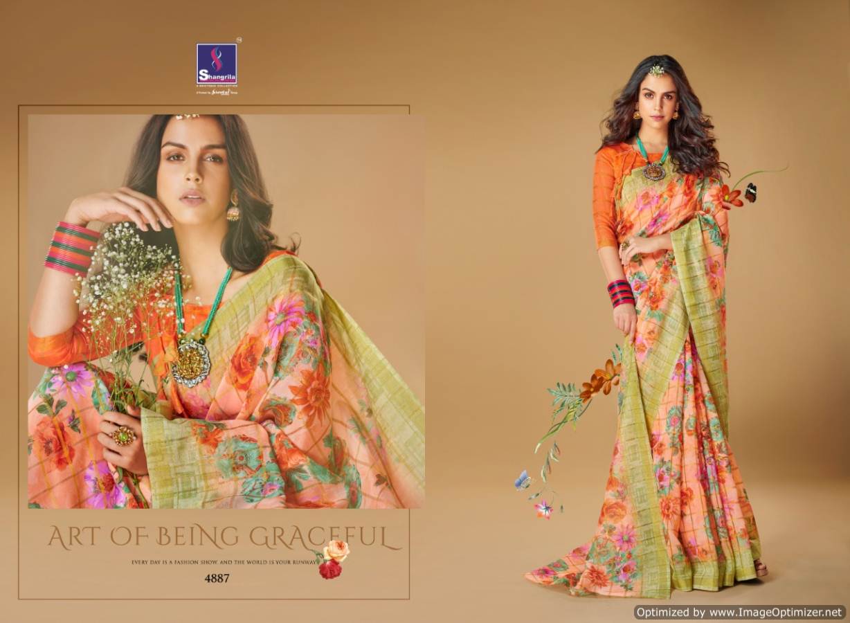 Kajal By Shangrila Linen Printed Sarees Catalogue