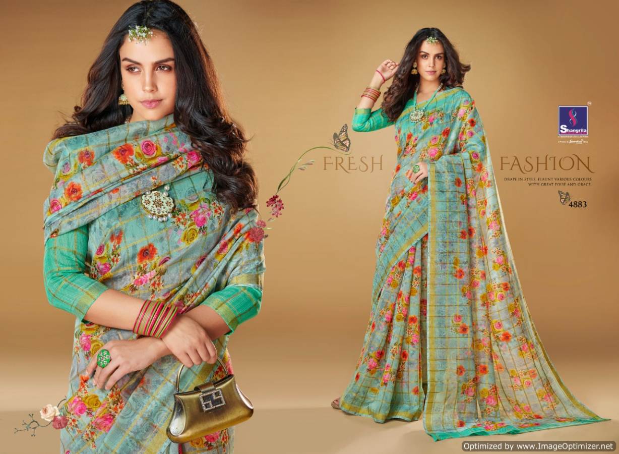 Kajal By Shangrila Linen Printed Sarees Catalogue