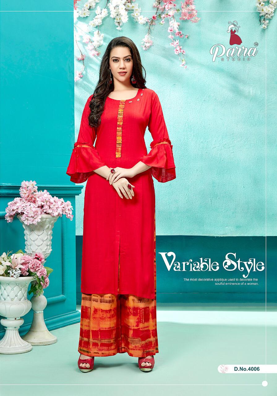 Zurri Vol 4 By Parra Rayon Kurti With Plazzo Catalogue