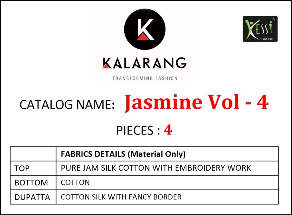Jasmine Vol 4 By Kalarang Creation Pure Jam Silk Cotton Dress Material