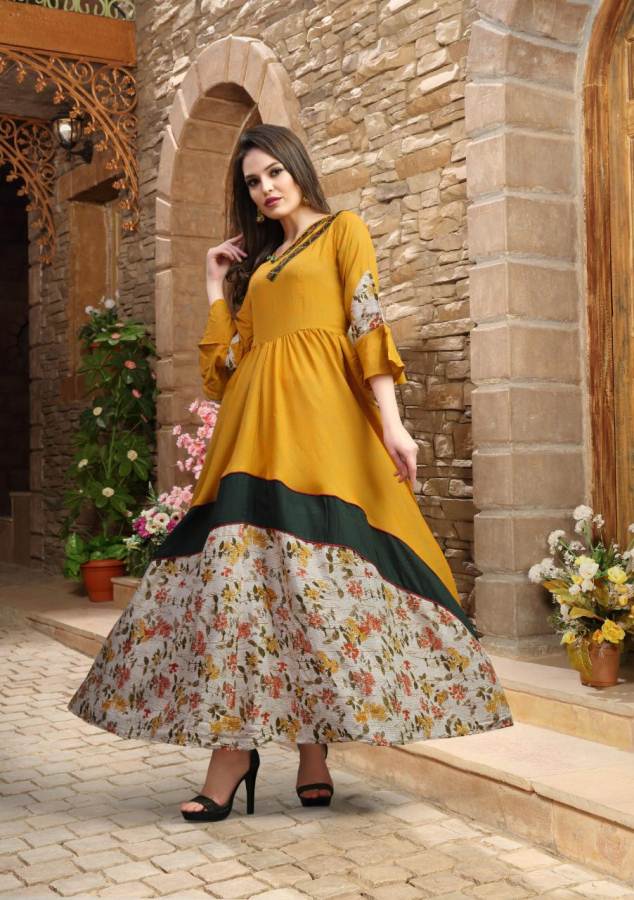 Hirwa Suncity Catalog Heavy Rayon Designer Party Wear Gown Style Kurtis  Wholesale