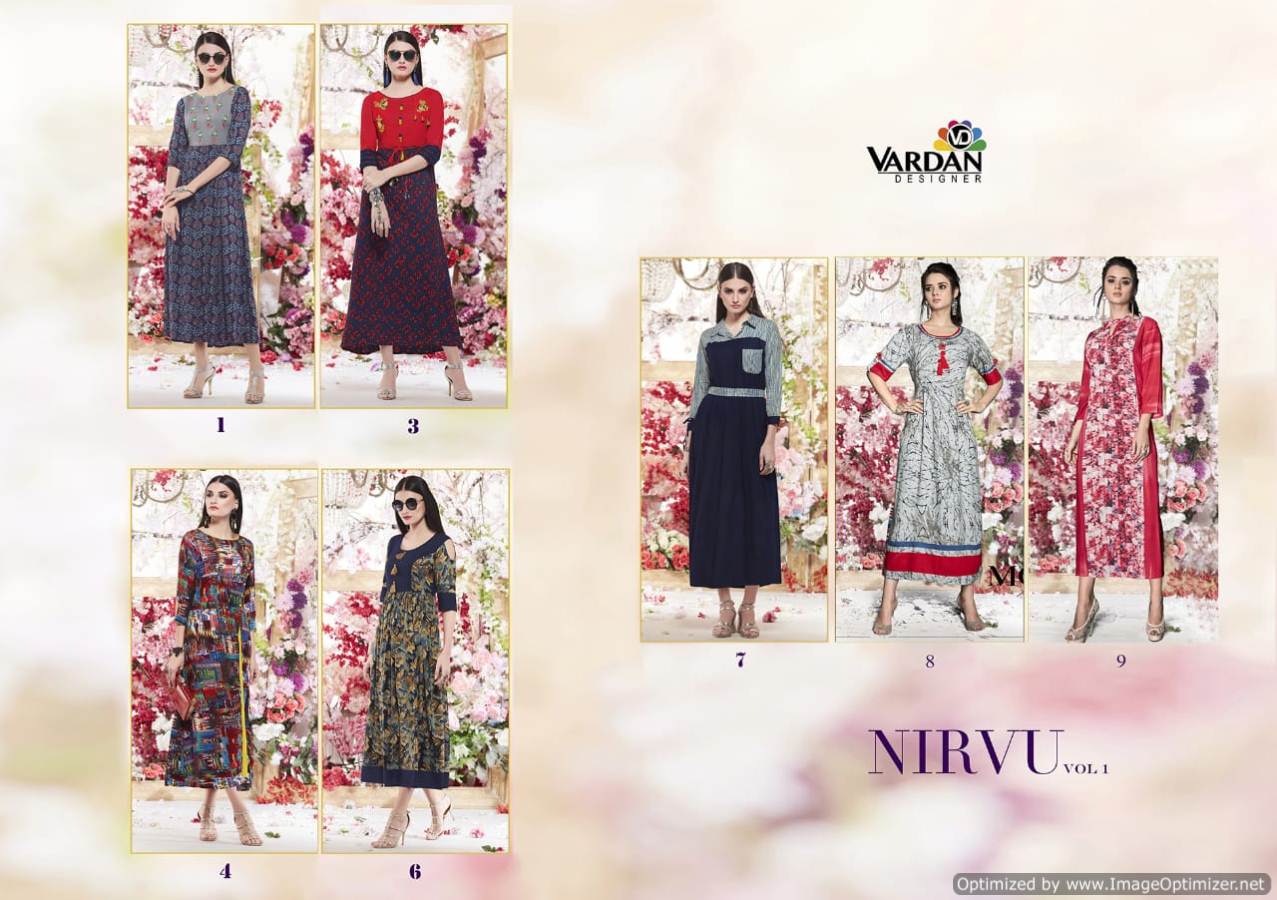 Nirvu Vol 1 By Vardan Designer Rayon Long Kurtis Collection