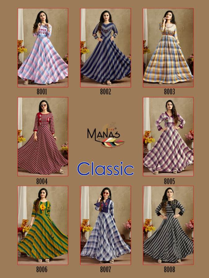Classic By Manas Festive Wear Rayon Printed Long Kurtis Catalogue