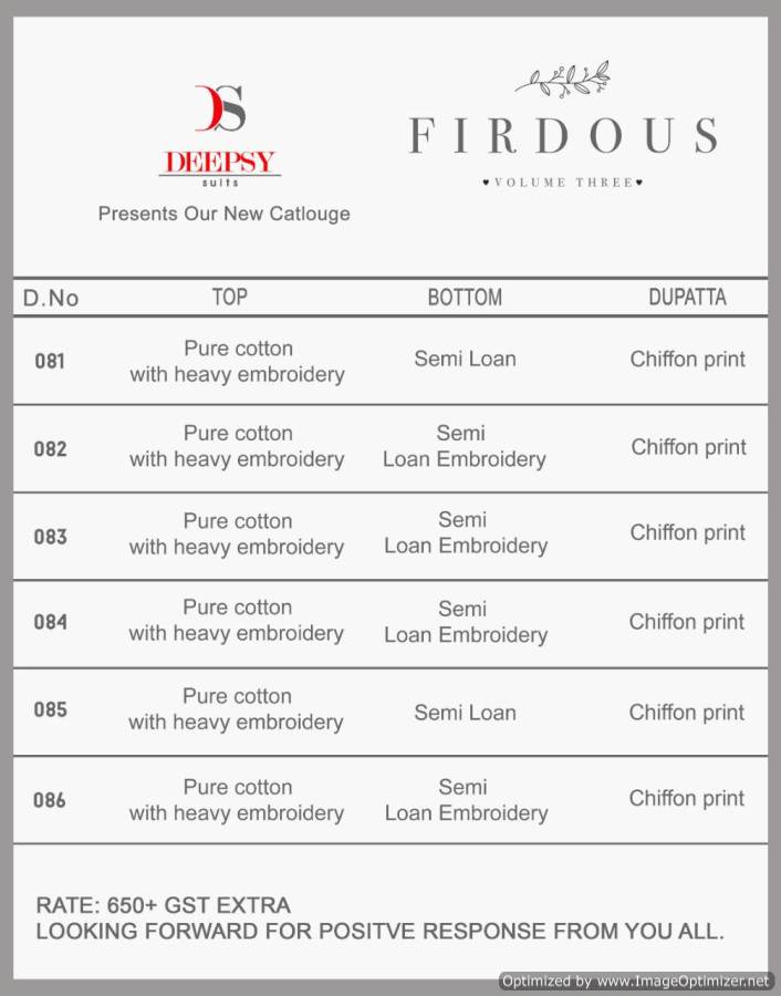 Deepsy Firdous Vol 3 Pure Cotton Pakistani Suits Collection