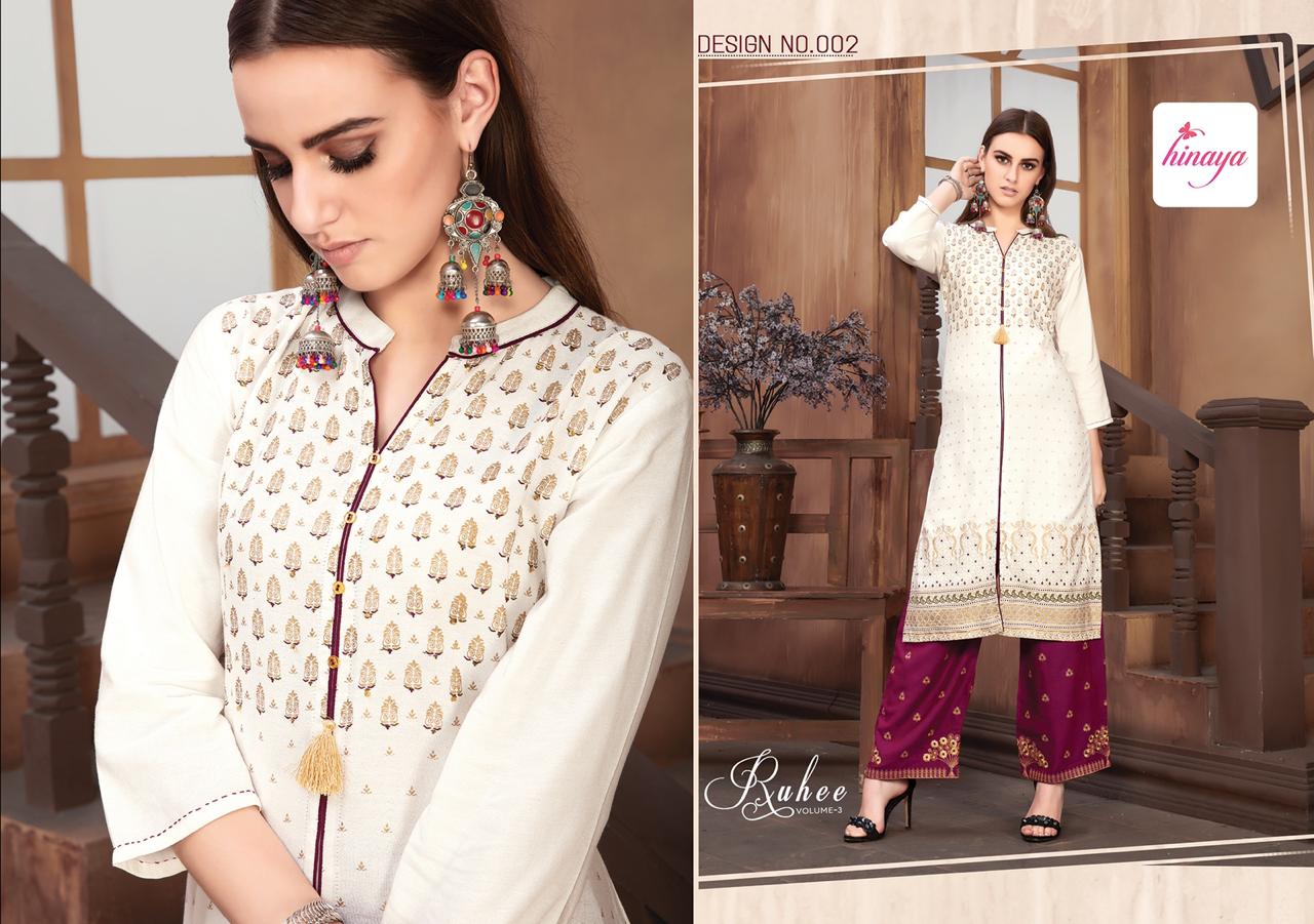 Ruhee Vol 3 By Hinaya Heavy Rayon Kurti With Printed Plazzo Catalogue