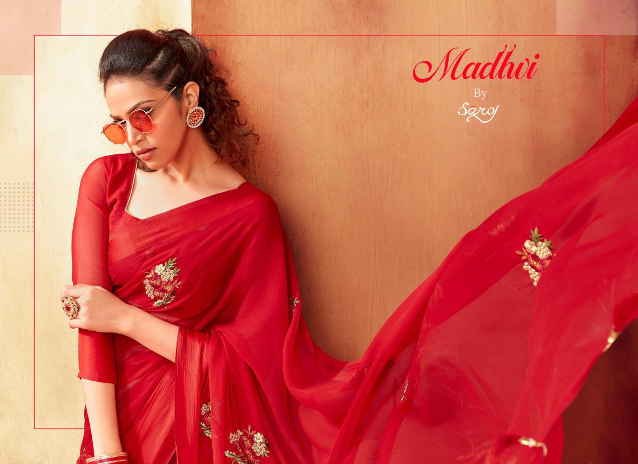 Saroj By Madhavi Chiffon Satin Designer Party Wear Saree Catalogue